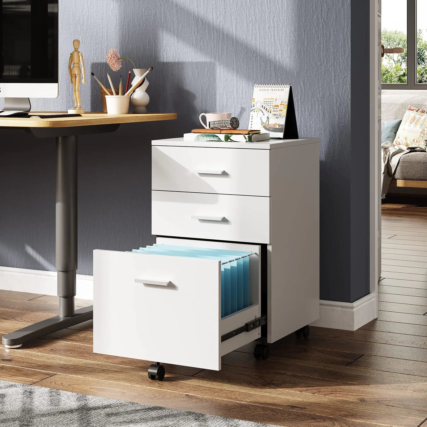 Mobile Office Storage Cabinet with Drawers and Wheels